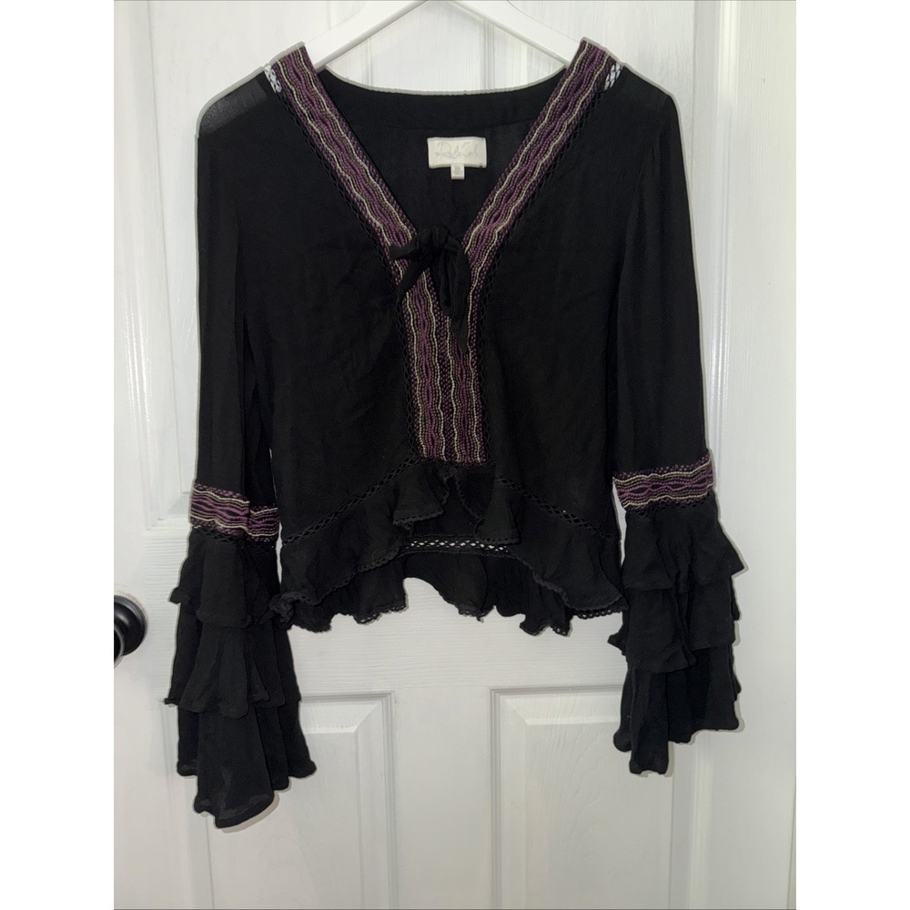 Rahi Cali Black Boho Blouse Embroidered‎ Size XS Ruffle Fairy Whimsy